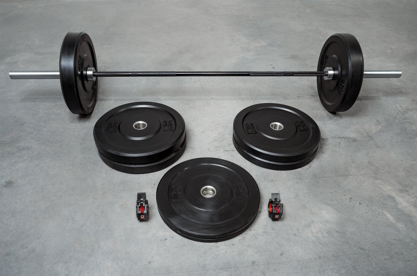 7&#39; Barbell &amp; Black Bumper Plate Package