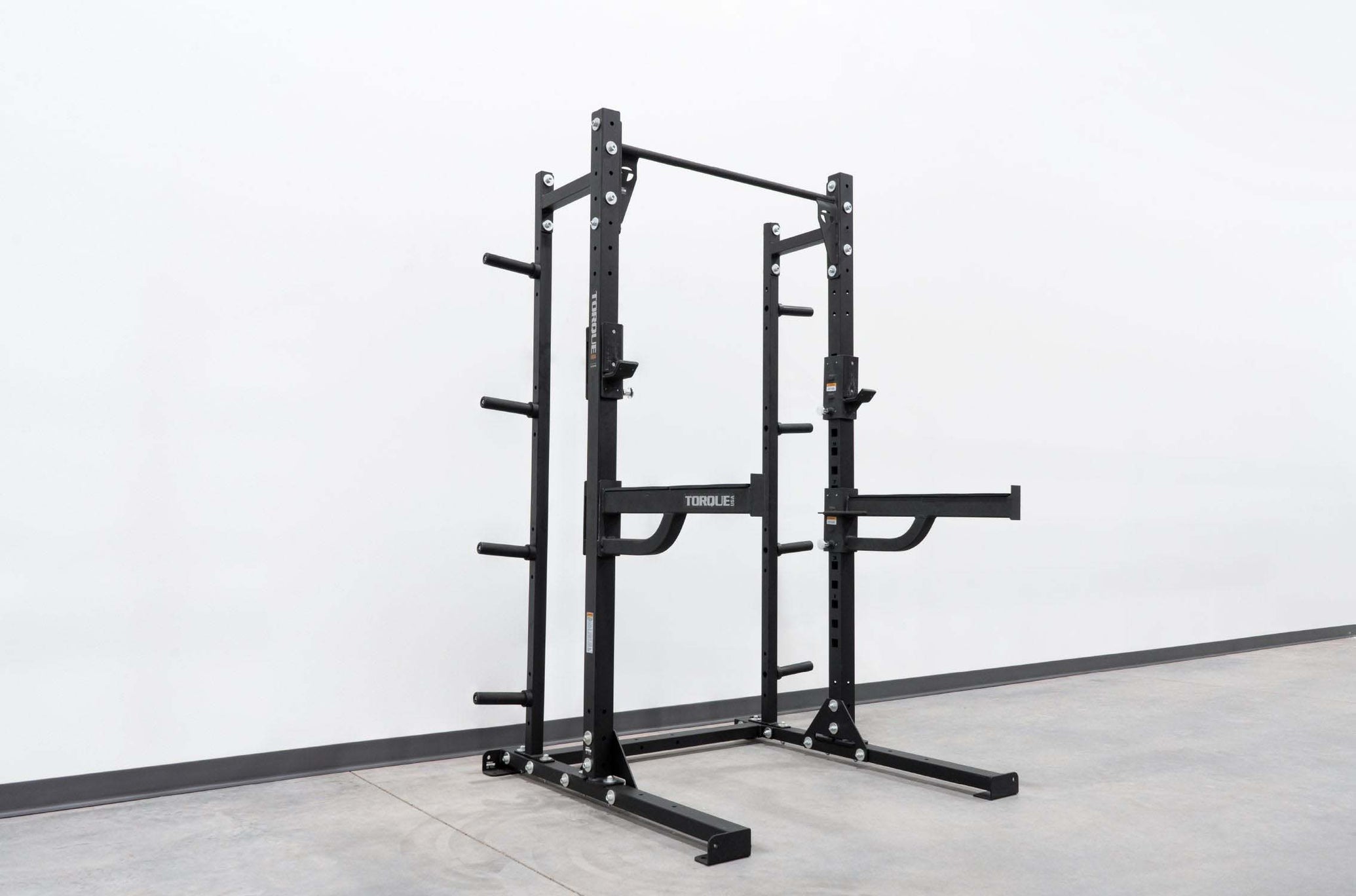 high squat rack with storage and spotter arms